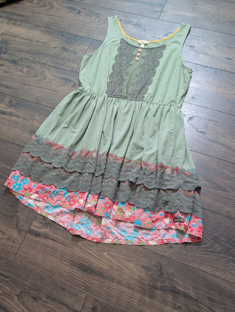 Matilda Jane Sleeveless Sage Green Lace-Trim Sundress with Floral Hem Size XL - Picture 8 of 8